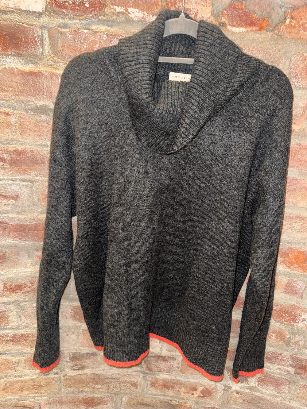 Retrology Charcoal Cowlneck Sweater with Coral Trim